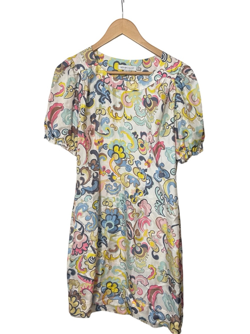 Silk Floral Paisley Floral Puff Sleeve Shift Dress